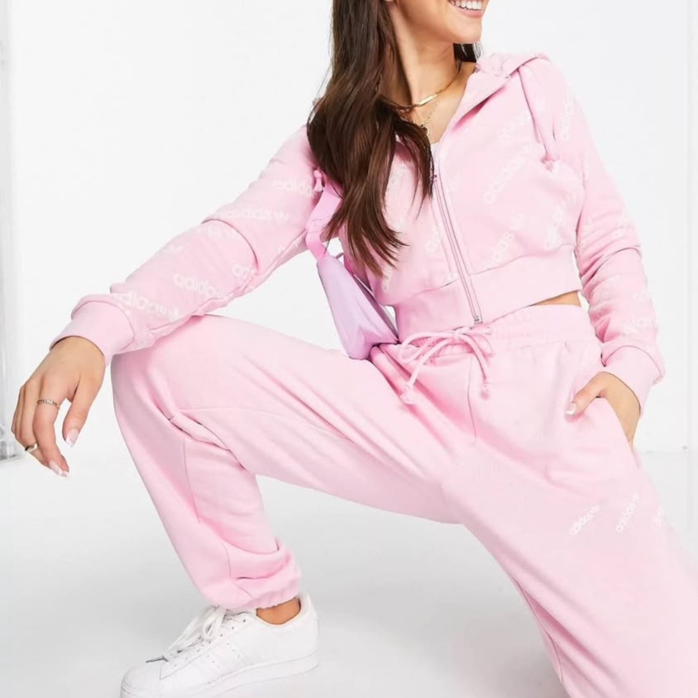 adidas Originals 'Logomania' repeat logo zip hoodie in pink